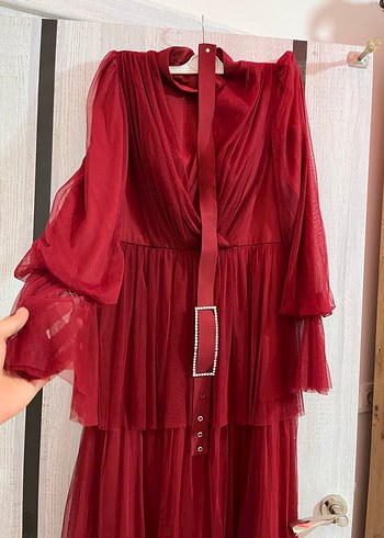 Kırmızı Uzun Abiye Elbise Kuşaklı - Görsel 4