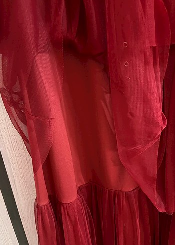 Kırmızı Uzun Abiye Elbise Kuşaklı - Görsel 7