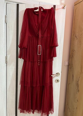 Kırmızı Uzun Abiye Elbise Kuşaklı - Görsel 3