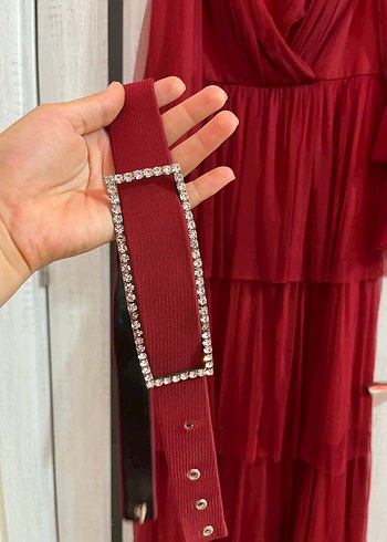 Kırmızı Uzun Abiye Elbise Kuşaklı - Görsel 10