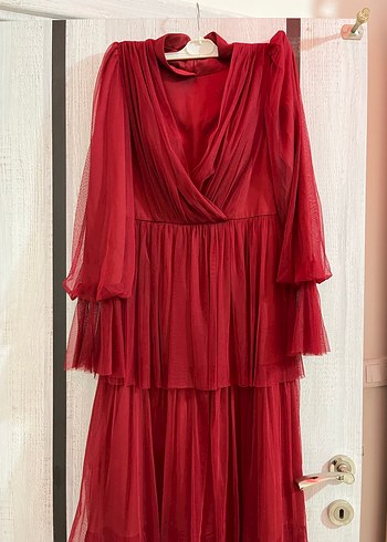 Kırmızı Uzun Abiye Elbise Kuşaklı - Görsel 9