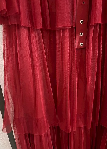 Kırmızı Uzun Abiye Elbise Kuşaklı - Görsel 8