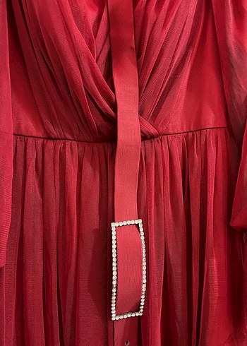 Kırmızı Uzun Abiye Elbise Kuşaklı - Görsel 5