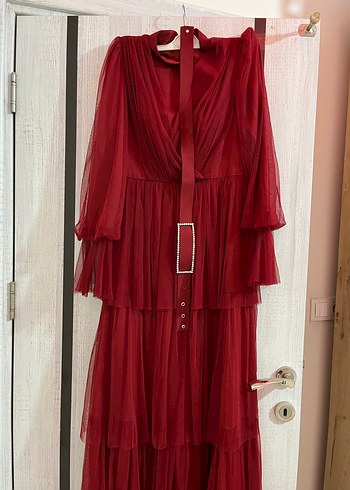 Kırmızı Uzun Abiye Elbise Kuşaklı - Görsel 2