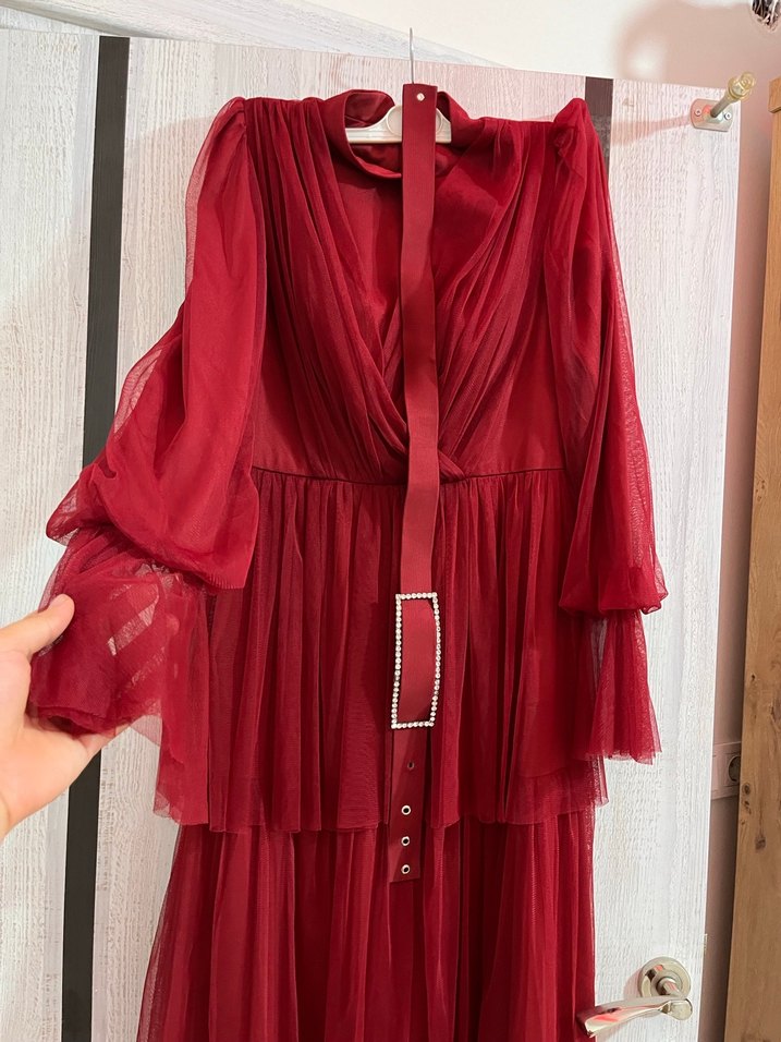 Kırmızı Uzun Abiye Elbise Kuşaklı - Görsel 4