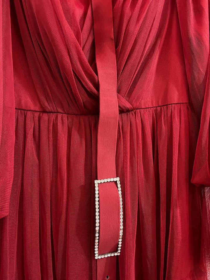 Kırmızı Uzun Abiye Elbise Kuşaklı - Görsel 5
