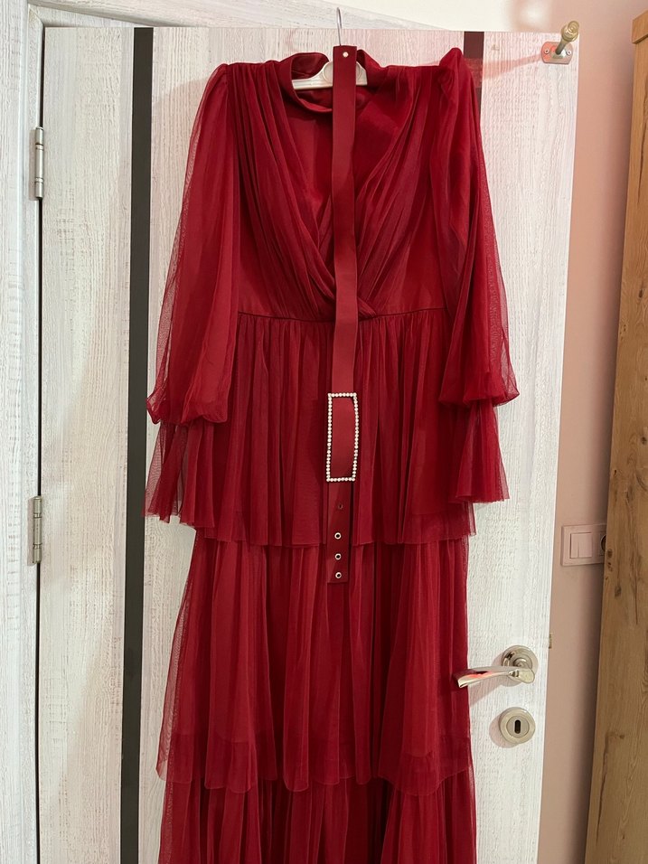 Kırmızı Uzun Abiye Elbise Kuşaklı - Görsel 2