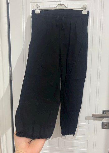 Siyah Keten Midi Bol Kesim Kadın Pantolon - Görsel 2