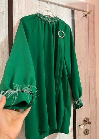 Yeşil Kuşaklı Uzun Kollu Uzun Elbise - Görsel 4
