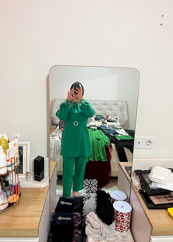 Yeşil Kuşaklı Uzun Kollu Uzun Elbise - Görsel 12