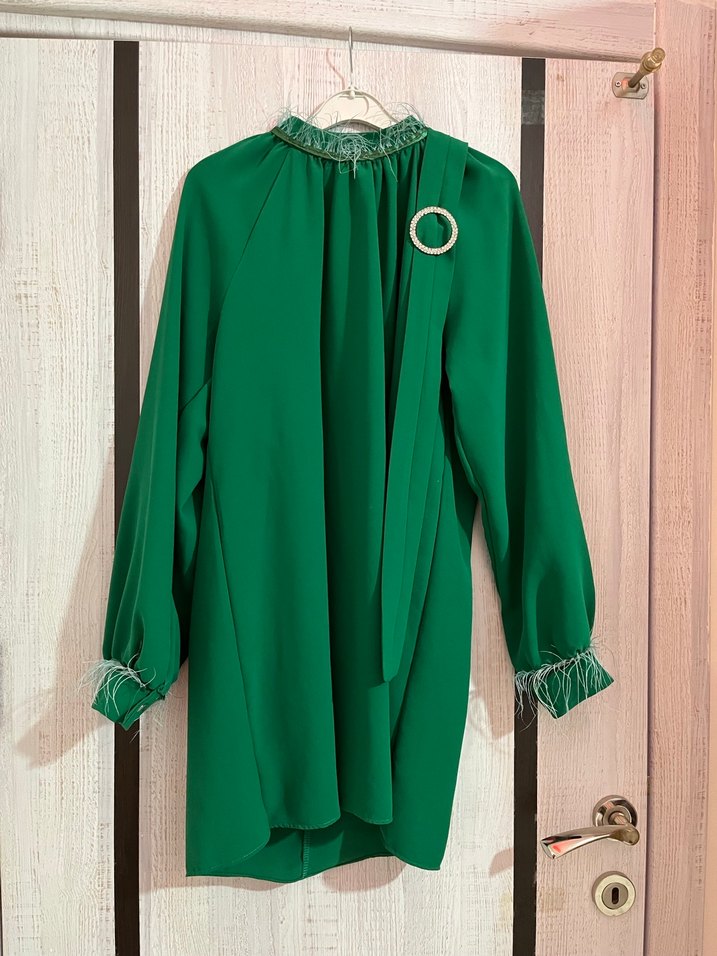 Yeşil Kuşaklı Uzun Kollu Uzun Elbise - Görsel 2