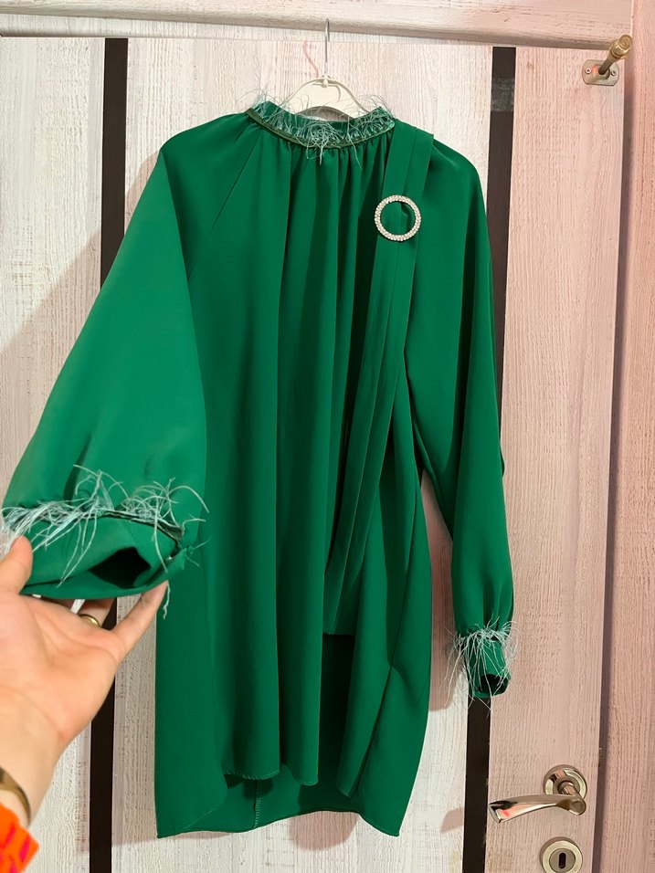 Yeşil Kuşaklı Uzun Kollu Uzun Elbise - Görsel 5