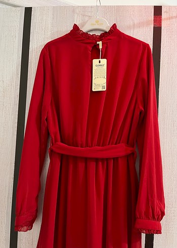 Kemerli Klasik Uzun Kırmızı Elbise - Görsel 6