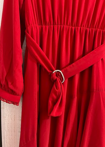 Kemerli Klasik Uzun Kırmızı Elbise - Görsel 3