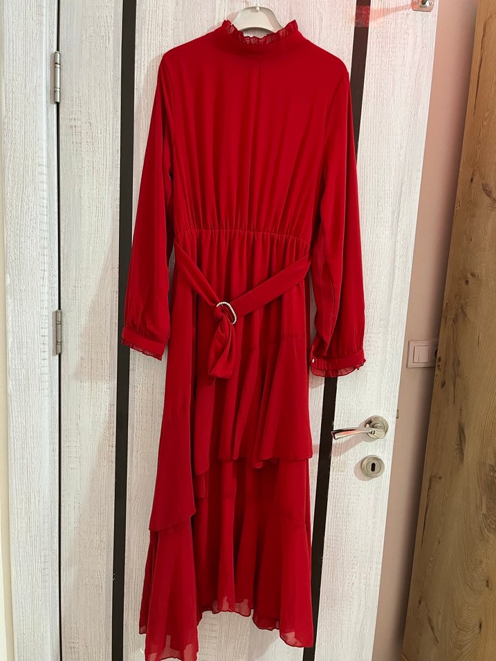 Kemerli Klasik Uzun Kırmızı Elbise - Görsel 2