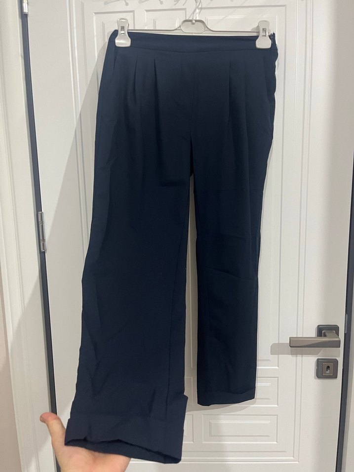 Lacivert Pilili Midi Kumaş Pantolon - Görsel 3