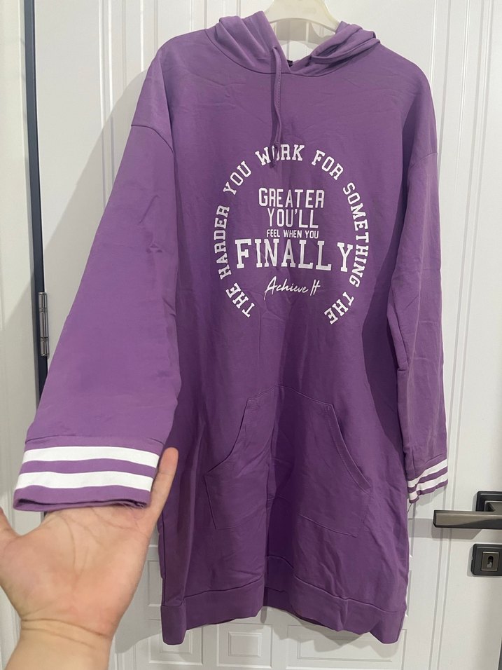 Mor Kapüşonlu Uzun Kollu Midi Sweatshirt - Görsel 3