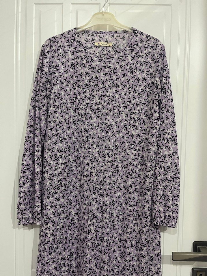 Uzun Kollu Mor Bağlama Desenli Uzun Elbise - Görsel 2