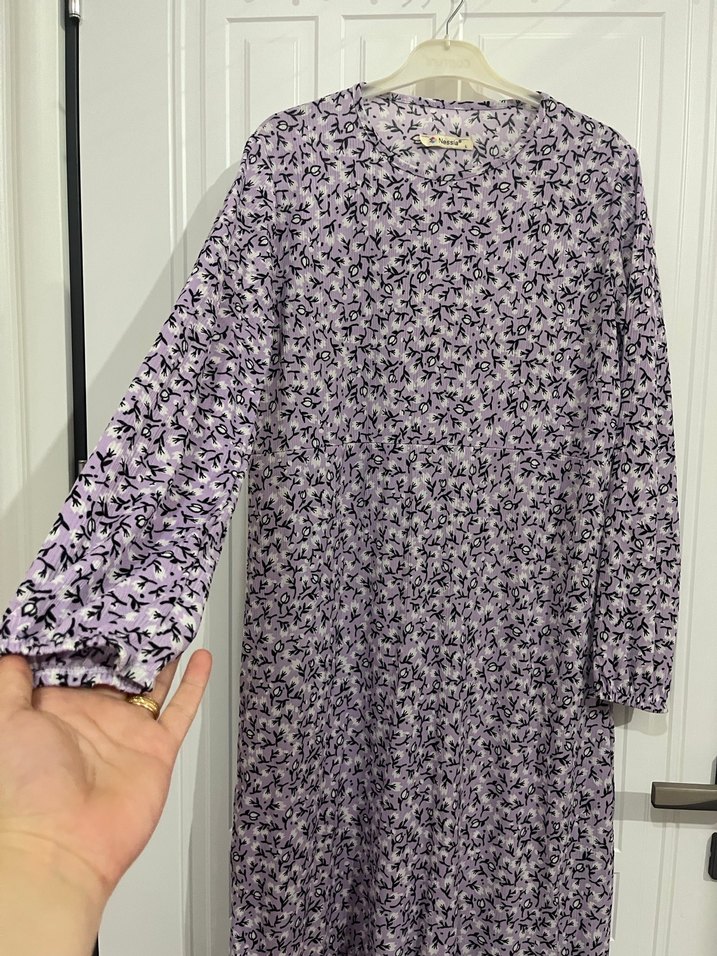 Uzun Kollu Mor Bağlama Desenli Uzun Elbise - Görsel 5