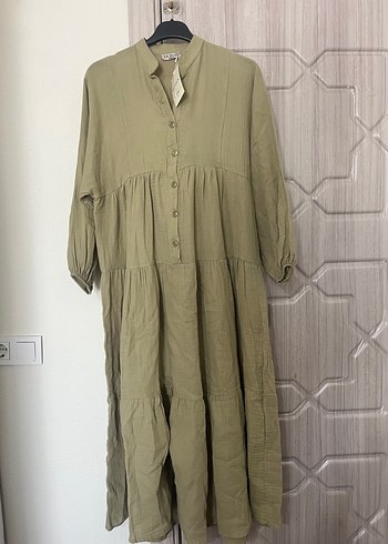 Kadın Haki Uzun Keten Elbise - Görsel 3