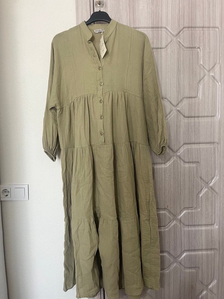 Kadın Haki Uzun Keten Elbise - Görsel 3