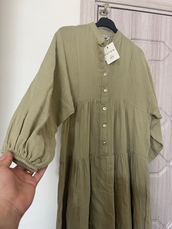 Kadın Haki Uzun Keten Elbise - Görsel 2
