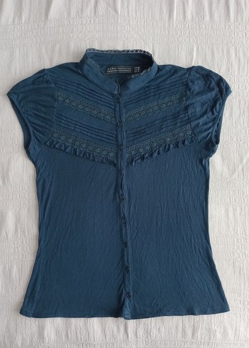 Zara Düğmeli Lacivert Kısa Kollu Kadın Bluz