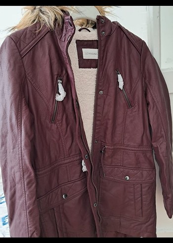 LC Waikiki Bordo Deri Kadın Ceket, Düğmeli, Midi Boy