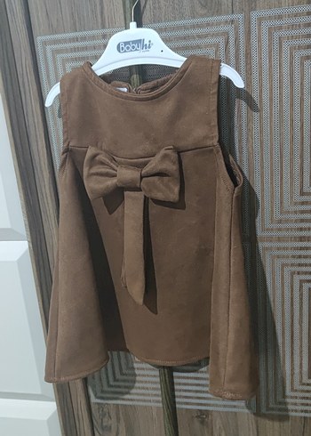 Kahverengi Süet Fiyonklu Kolsuz Kız Elbisesi - Görsel 4