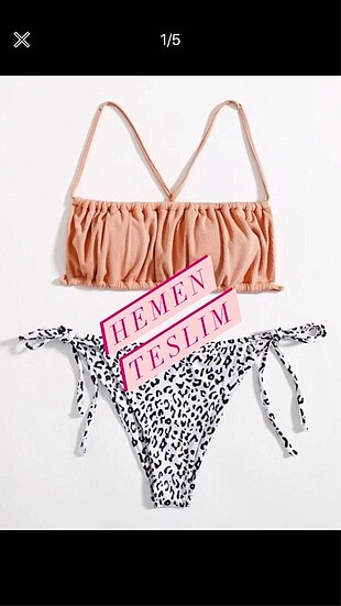 Sheinside büzgülü leopar bikini somon S