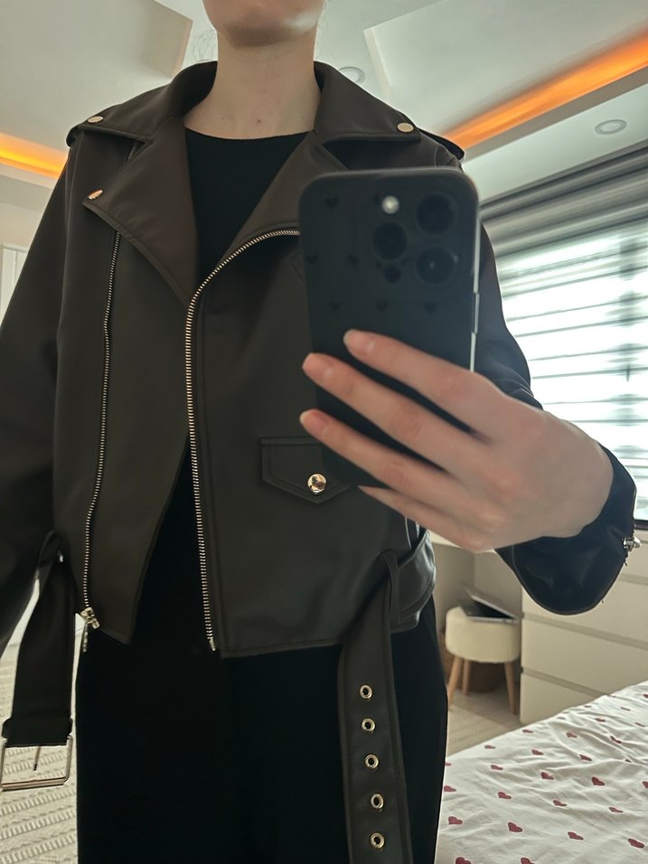 Kahveren  Kemerli deri Ceket - Görsel 2