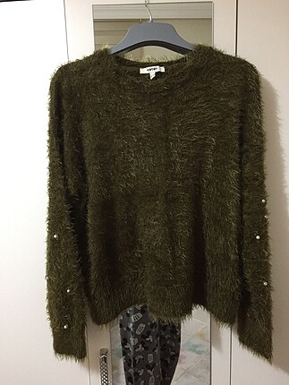 Koton incili ve tüylü haki kazak - Görsel 5