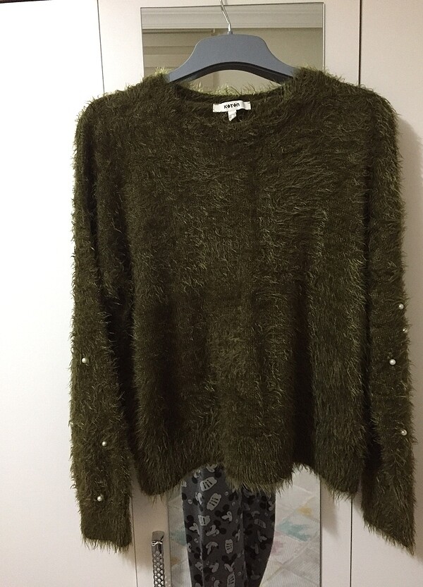 Koton incili ve tüylü haki kazak - Görsel 5