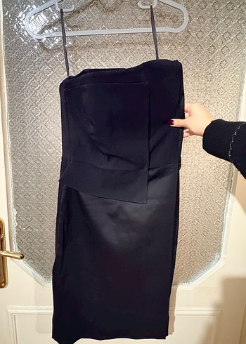 Siyah Drapeli Kadın Kumaş elbise straplez - Görsel 2