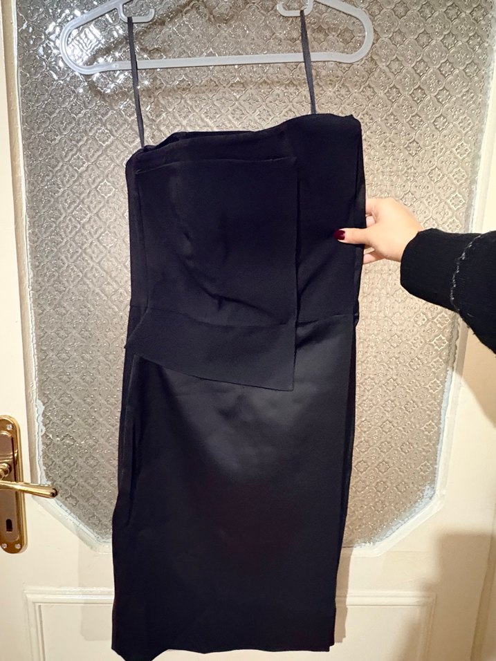 Siyah Drapeli Kadın Kumaş elbise straplez - Görsel 2