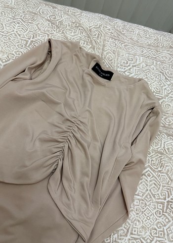 Bej Straplez Uzun Kollu Mini Elbise - Görsel 2