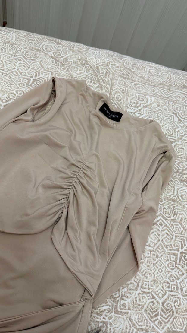 Bej Straplez Uzun Kollu Mini Elbise - Görsel 2