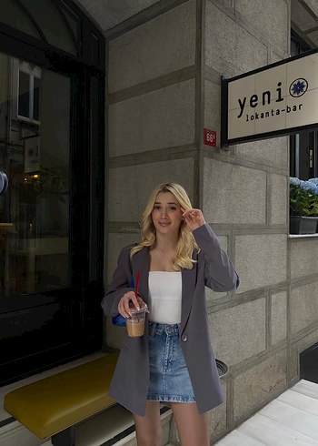 Düğmeli Gri  Kadın Blazer - Görsel 4