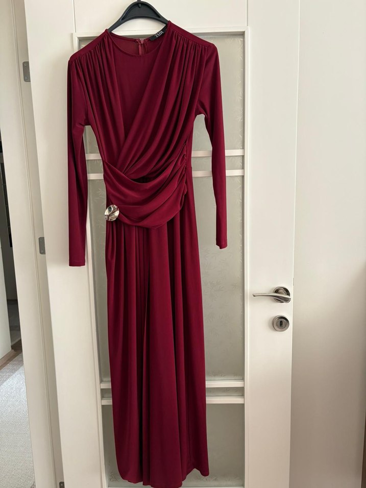 Bordo Drapeli Uzun Abiye Elbise - Görsel 3