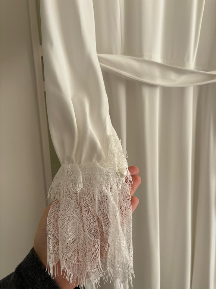 Uzun Beyaz Kadın Elbise, Püsküllü, V Yaka - Görsel 5