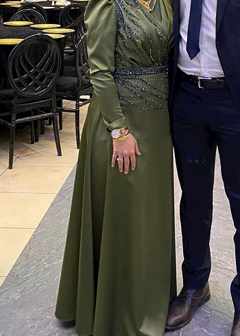 Kadın Parlak Haki Uzun Abiye Elbise - Görsel 5