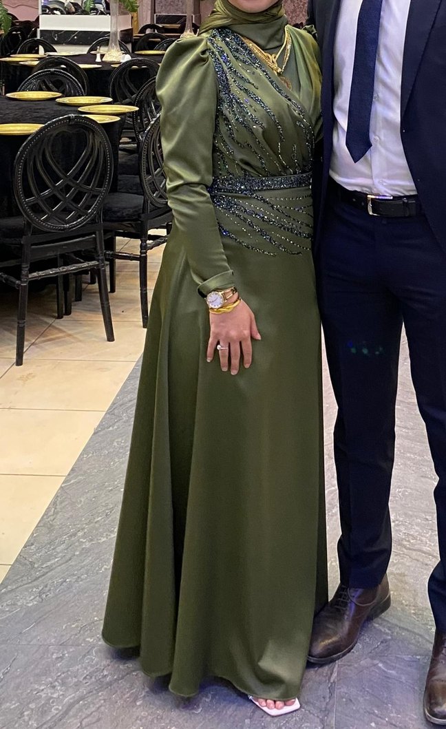 Kadın Parlak Haki Uzun Abiye Elbise - Görsel 5