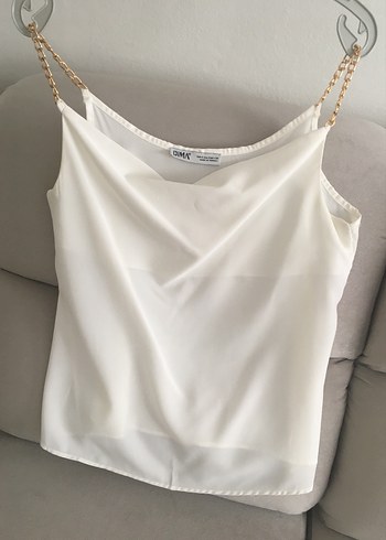 Zincir Askılı krem Beyaz Saten Bluz