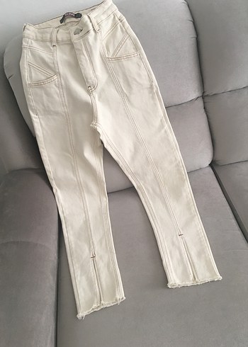 Krem Beyaz Midi Denim Kadın Pantolon