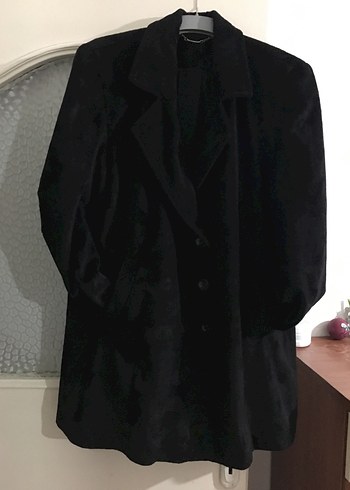 Düğmeli Siyah Süet Midi Kadın Kaban - Görsel 9