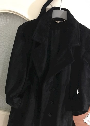 Düğmeli Siyah Süet Midi Kadın Kaban - Görsel 10