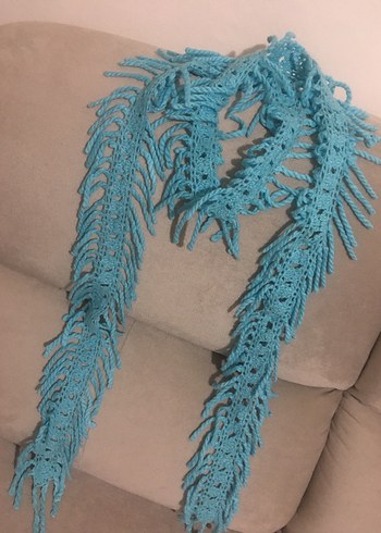 Püsküllü Turkuaz Örgü Kadın Şal - Görsel 2