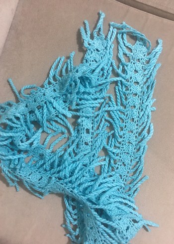 Püsküllü Turkuaz Örgü Kadın Şal - Görsel 6