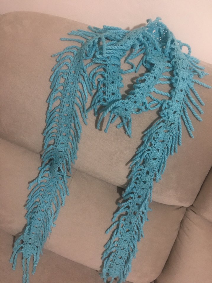 Püsküllü Turkuaz Örgü Kadın Şal - Görsel 2