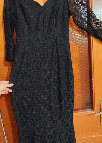 Siyah Dantel Uzun Kollu V Yaka Uzun Abiye Elbise - Görsel 2